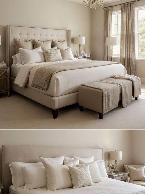 Create a luxurious and inviting look by arranging a variety of decorative pillows on your king-sized bed. Mix and match different textures and patterns to add visual interest and depth to your bedroom decor. King Size Bed Pillow Arrangement, King Bed Pillow Arrangement, King Bed Pillow, Bed Pillow Arrangement, King Size Pillow, Pillow Arrangement, King Size Pillows, Bed Pillow, King Bed