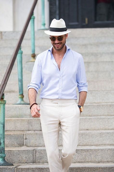 Perfect spring outfit  White chinos, white hat and light blue shirt Possessive Men, Panama Hat Outfit, Guys Outfits, Mens Summer Hats, Italian Mens Fashion, Mens Hats Fashion, Italian Life, Outfit Primavera, Italy Outfits