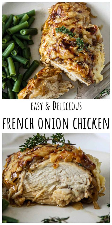 French Onion Chicken Bake is a fun and delicious twist on the classic French onion soup. Juicy, tender chicken breasts baked with flavorful caramelized onions & melty gruyere cheese come out of the oven in just 30-40 minutes. Easy French Onion Chicken, French Onion Chicken Bake, Onion Chicken Bake, Brunch Sandwiches, Roasted Carrots And Parsnips, Chicken Parmesan Recipe Easy, Chuck Roast Recipes, Back To School Recipes, Flexitarian Recipes