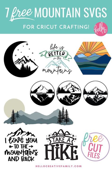 7 Free Mountain SVG Files Including Mountain Moon Cut File #svg #svgquotes #svgideas #svgfiles #freesvg #svgdesigns Rock Svg Free, Cricut Mountain Projects, Adventure Svg Files Free, Explore More Svg, Free Best Friend Svg Files For Cricut, Cricut Vacation Projects, Outdoor Svg Free, Free Nature Svg Files For Cricut, Adventure Svg Free