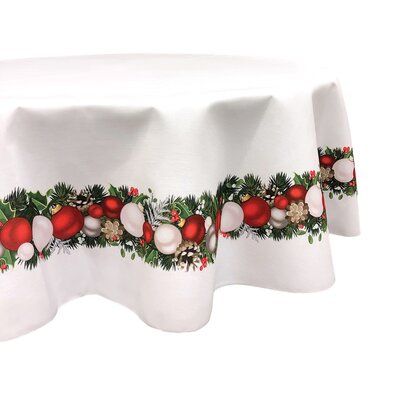 The Holiday Aisle® Made in the USA, 100% Milliken spun polyester. Merrowed edges. Seamless cloth. The product is printed. Size: 84" L x 84" W, Holiday: Christmas Garland Border | The Holiday Aisle® Orissa Floral Round Christmas Tablecloth, Holiday: Christmas Garland Border, Polyester, Size 84" L x 84" W | Wayfair Round Christmas Tablecloth, Thanksgiving Garland, Picnic Table Covers, Thanksgiving Floral, Outdoor Tablecloth, Ribbon Garland, Christmas Tablecloth, Christmas Border, Vinyl Tablecloth