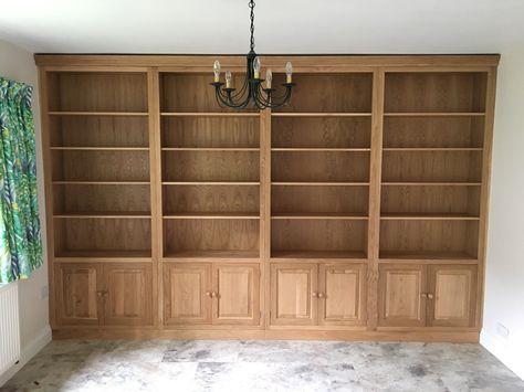 Solid oak fitted bookcase. Bespoke and made to order. Cobwebs Furniture Company. Bedroom Library, Oak Bookshelves, Bookshelves In Living Room, Natural Wood Flooring, Tall Bookcases, Piano Room, Oak Bookcase, Home Library Design, Open Bookcase