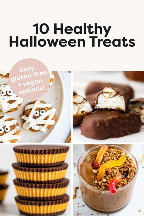 Skip the store-bought candy and make these healthy Halloween treats instead! They're all allergen-friendly and super easy to make with simple ingredients. Halloween Treats Healthy, Healthy Halloween Desserts, Healthy Halloween Candy, Pumpkin Baking Recipes, Low Cal Dinner, Halloween Candy Recipes, Almond Joy Bars, Dirt Cups, Healthy Cookie Dough