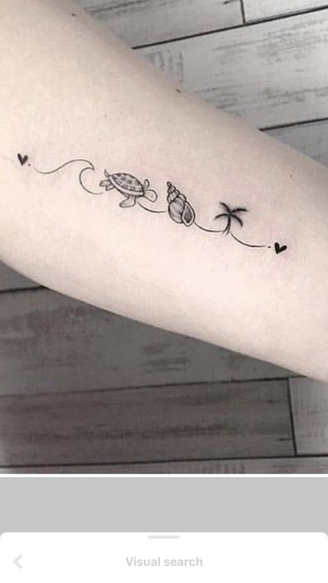 Feminine Beach Tattoo, Seashells Tattoo Ideas, Honey Moon Tattoo, Forearm Beach Tattoo, Palm Tree Heart Tattoo, Hawaiian Hand Tattoo, Small Tattoo Ocean, Feminine Hawaiian Tattoos, Wave Sunset Tattoo