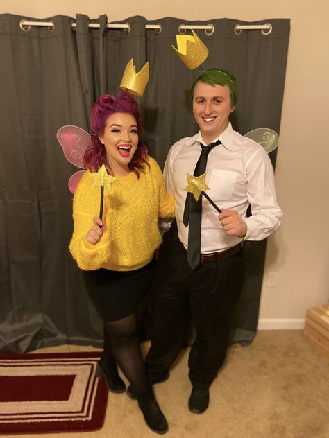 Cosmo and Wanda DIY Halloween Costumes! Total cost $10 Fairly Off Parents Couple Costume, Diy Parent Costumes, Halloween Cosmo And Wanda, Construction Couple Costume, Cosmo Wanda Costume Couple Halloween, Cosmo Wanda And Poof Costume, Cosmo And Wanda Cosplay, Nintendo Halloween Costumes, Wanda Fairly Odd Parents Costume