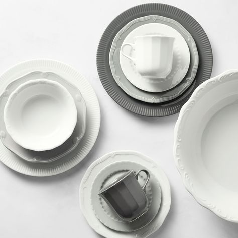 Pillivuyt Eclectique Porcelain Dinnerware Collection + Place Setting | Williams Sonoma Eclectic Dinnerware, Book 2023, White Dinnerware, Patterned Plates, French Porcelain, Product Inspiration, Soup Plating, Porcelain Dinnerware, Set The Table