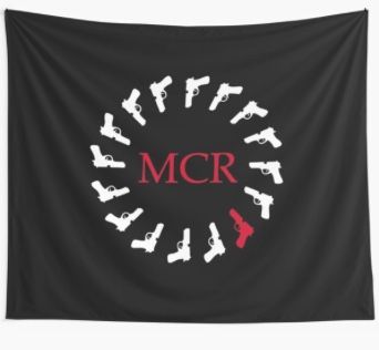 MCR wall tapestry Mcr Tapestry, Bedroom Redesign, Tapestry Bedroom, My Chemical Romance, Room Furniture, Wall Tapestry, Room Ideas, Romance, Tapestry