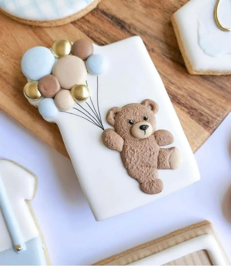 Teddy Bear Biscuits, Teddy Bear Shower Cookies, Teddy Bear Royal Icing Transfers, Teddy Bear Sugar Cookies, Teddy Cookie, Blue Baby Shower Cake, Baby Shower Biscuits, Teddy Bear Baby Shower Theme, First Birthday Cookies