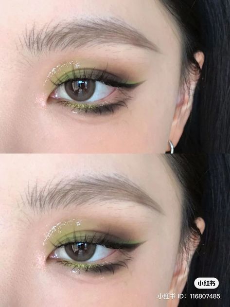 Asian Green Eyeshadow, Green Eyeshadow Asian Eyes, Dark Green Douyin Makeup, Army Green Eyeshadow Looks, Green Eyeshadow Douyin, Army Green Makeup Looks, Green Makeup Korean, Eye Makeup Green Eyeshadow, Green Douyin Makeup