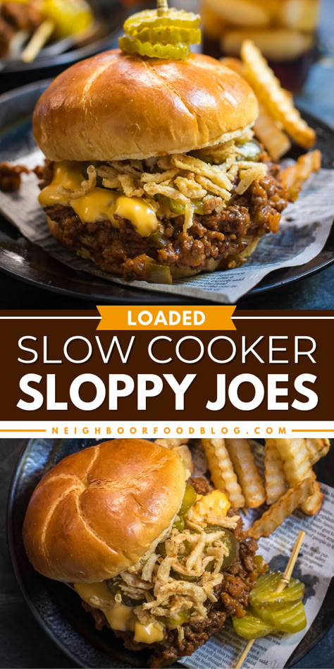 Here's a meat main dish that's gluten-free! It's a homemade sloppy joe recipe in the crock pot. Sweet and saucy with a lot of saucy goodness, these Loaded Slow Cooker Sloppy Joes hit the spot. Your family will love this easy dinner idea! Slopy Joes, Sloppy Joe Recipe Crock Pot, Best Sloppy Joe Recipe, Crock Pot Sloppy Joes, Yummiest Food, Slow Cooker Sloppy Joes, Sloppy Joe Recipe Easy, Homemade Sloppy Joe Recipe, Cheese Pickles