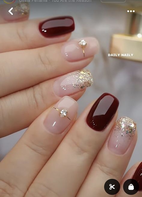 Maroon Nails, January Nails, Valentine Nails, Fancy Nails Designs, Beauty Nails Design, Gold Nail, Her Nails, Bridal Nails, Elegant Nails