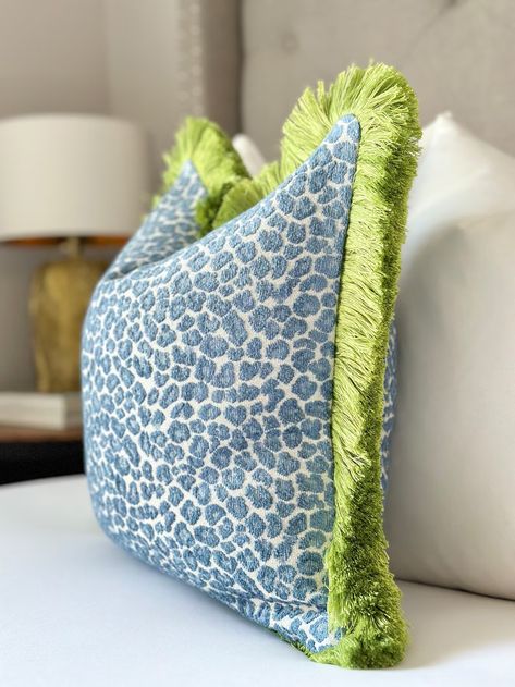 Decorative Blue Cheetah Spotted Throw Pillow Cover, Blue Cheetah Cushion With Green Brush Fringe, Cheetah Accent Pillow for Sofa and Bed - Etsy Animal Print Accent Pillows, Chartreuse Decor, Cheetah Pillow, Chinoiserie Bedroom, Feminine Living Room, Textiles Print, Leopard Print Pillows, Pillow For Sofa, Bamboo Pillow