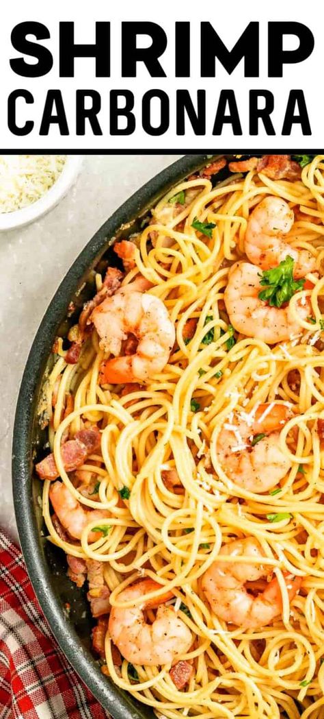 Elegant and decadently delicious Shrimp Carbonara is an incredibly easy pasta recipe. Made with egg yolks, bacon, and Parmesan cheese, this dinner is ready to be served in under 30 minutes.#cheerfulcook #shrimp #pasta #spaghetti Chicken And Shrimp Carbonara, Shrimp Carbonara, Carbonara Recept, Spagetti Recipe, Easy Pasta Recipe, Rhubarb Desserts, Pasta Spaghetti, Italian Favorites, Prawn Recipes