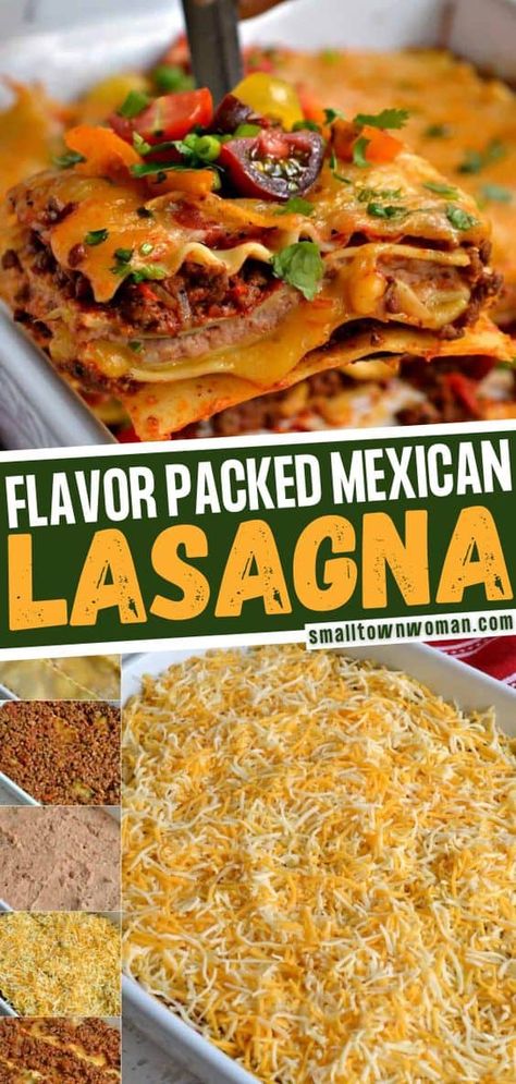 Taco Lasagna Recipe With Noodles, Taco Lasagna With Noodles, Nacho Lasagna, Mexican Lasagna With Noodles, Staple Dinners, Cowboy Lasagna, Creamy Refried Beans, Meaty Chili, Mexican Lasagna Recipe