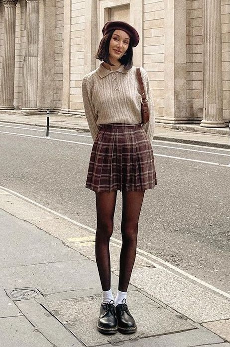 Dark Academia Loafer Outfit, French Dress Up, Plaid Skirt And Loafers Outfit, Red Tweed Skirt Outfit, Brown Plaid Pleated Skirt Outfit, November Outfits 2022, Shop Cider Outfits, Courderoy Skirt Outfits Women, Formal Outfit Winter