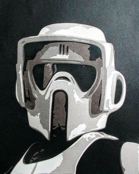 Scout Trooper Art, Darth Vader Art, Scout Trooper, Helmet Drawing, Bobba Fett, Paper Portrait, Helmet Concept, Stormtrooper Helmet, Speeder Bike