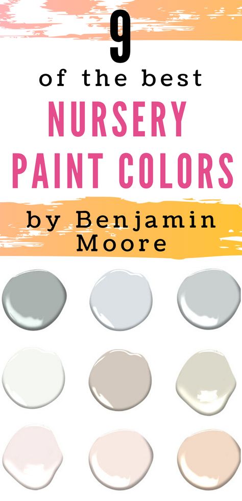 Here are NINE of the best paint colors for nurseries by Benjamin Moore. There are options for a girl nursery, boy nursery or gender neutral nursery. Choosing the perfect paint color for your baby's room is HARD! There are so many paint color options that it can be overwhelming. #nursery #paintcolors #babyroom Best Nursery Paint Colors, Neutral Nursery Paint Colors, Nursery Room Colors, Neutral Nursery Colors, Gender Neutral Nursery Colors, Nursery Color Palette, Nursery Paint, Girl Nursery Colors, Boy Nursery Colors