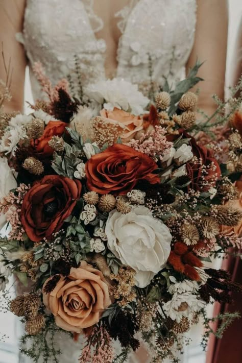 boho wedding insporation Different Types Of Bridal Bouquets, Earth Tone Wedding Centerpieces, Rustic Floral Bouquet, October Western Wedding, Western Micro Wedding, Christmas Boho Wedding, Boho Fall Wedding Bouquet, Burnt Orange And Olive Green Wedding, Moody Western Wedding