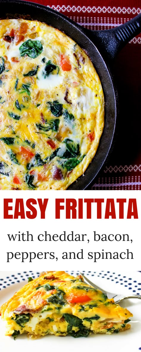 Cheesy Frittata with Bacon, Peppers, Spinach, and Onion via @Ally\\\'s Cooking Breakfast Ideas With Eggs, Ideas With Eggs, Easy Frittata, Frittata Recipe, Frittata Recipes, Quiche Recipes, Idee Pasto Sano, Breakfast Brunch Recipes, Eat Smarter