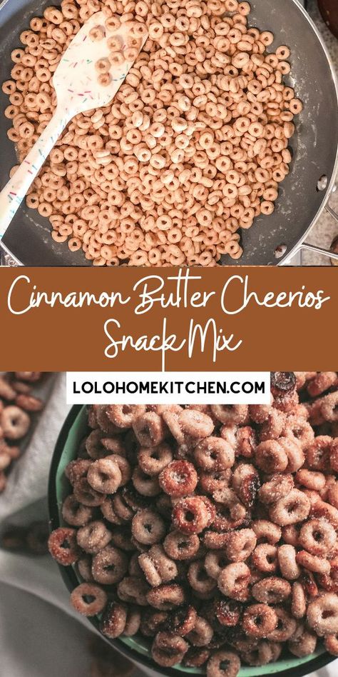 Easy and delicious Cheerios Snack Mix covered in butter, cinnamon and sugar. So good! Buttered Cheerios, Cheerios Snack Mix, Cheerios Snacks, Cheerios Recipes, Honey Nut Cheerios, Butter Cinnamon, Cereal Snacks, Chex Mix Recipes, Cinnamon Butter