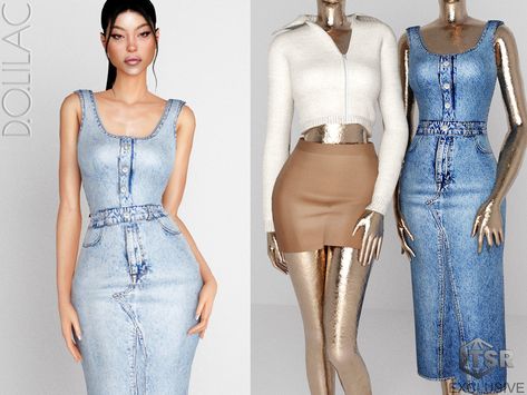 The Sims Resource - Denim Midi Dress DO0311 Sims Finds, Dress With Gloves, Balloon Dress, Sims 4 Dresses, Sims 4 Downloads, Denim Midi Dress, Sims4 Cc, Female Clothing, Cc Sims