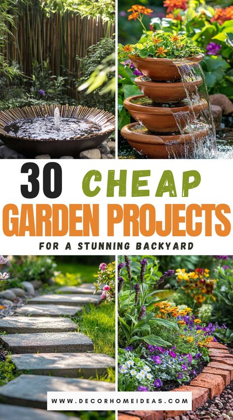 Transform your garden into a stunning oasis without spending a fortune! Discover 30 cheap and easy DIY garden projects that anyone can do. From simple decor hacks to brilliant planting ideas, these budget-friendly tips will make your backyard the envy of the neighborhood. Click to see how easy it is to beautify your outdoor space today! Diy Landscaping Ideas On A Budget Simple, Diy Small Space Garden Ideas, Budget Friendly Backyard Ideas Diy, Cheap Garden Diy, Backyard Ideas Renter Friendly, Diy Garden Oasis Backyard Ideas, Garden Diy Ideas On A Budget, Simple Diy Garden Ideas, Simple Backyard Garden Ideas