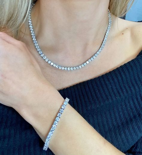 Round Diamond Tennis Necklace and Bracelet set. Tiffany Tennis Necklace, Tennis Bracelet And Necklace, Tennis Jewelry Set, Sapphire Necklace Simple, Vip Experience, Tennis Jewelry, Diamond Tennis Necklace, Bridal Diamond Jewellery, Wedding Jumpsuit