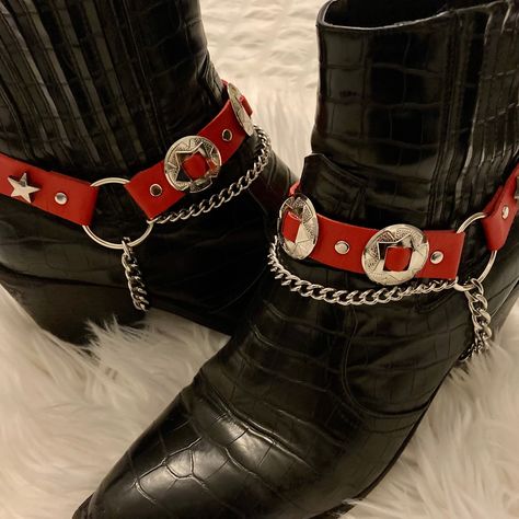 ⛓RED HOT Concho Boot straps⛓ Red & Silver Handmade using durable PU leather (vegan) and thick stainless steel chain. Riveted and built to last, surprisingly lightweight and very comfortable. Adjustable strap. They come as a pair. Boots not included! ⚡Sizing⚡ These straps fit most western/military/cowboy boot styles and all heel sizes as they have an adjustable strap.  S/M will fit UK sizes 3-9, US Women's sizes 5.5-11,EU sizes 35.5-42.  M/L will fit all sizes up to UK 12, US Men's 13, EU 47.  If