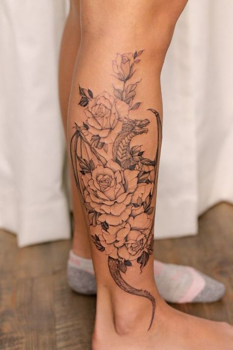 Women's Calf Tattoos, Dragon Calf Tattoos For Women, Cool Calf Tattoo For Women, Dragon On Calf Tattoo, Calve Tattoo Ideas, Leg Tattoos Lower Calf, Half Calf Tattoo, Bottom Of Leg Tattoo Women, Calf Shin Tattoo