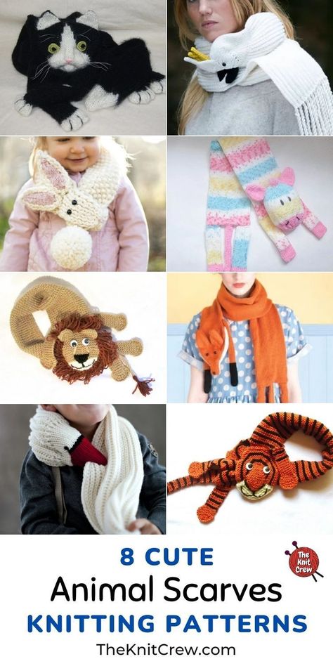 8 Cute Knitted Animal Scarf Patterns. These Cute Knitted Animal Scarf Patterns are curated by The Knit Crew. Knitted Shawls For Kids, Knitting Patterns Free Scarf Kids, Animal Scarf Knitting Pattern, Animal Scarf Crochet Pattern, Kids Scarf Knitting Pattern, Abstract Knitwear, Toddler Scarf Pattern, Childrens Scarf Pattern, Kids Scarves Knit