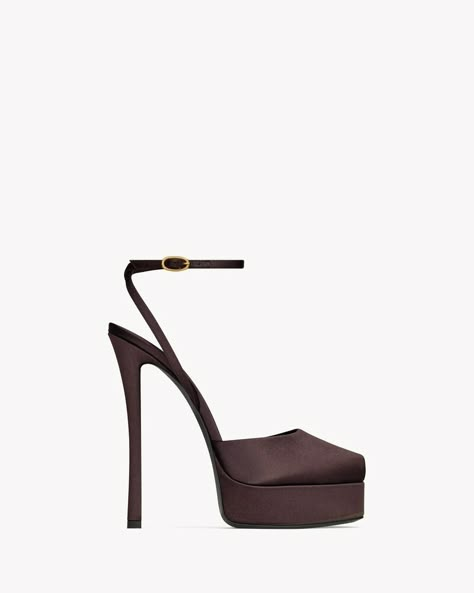 LA SCANDALE platform sandals in satin crepe | Saint Laurent | YSL.com Walk This Way, Platform Sandals, Dark Brown, Saint Laurent, Lookbook, High Heels, Online Store, Satin, Boutique