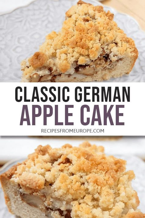 Searching for a delicious apple cake recipe? This German apple cake is packed with apples and cinnamon and topped with sweet crumbles! #cakerecipes #germanrecipes Apple Kuchen Recipe German, Apple Kuchen Recipe, German Apple Cake, German Food Authentic, Crumb Cake Recipe, Apples And Cinnamon, Food Authentic, German Cake, German Dishes