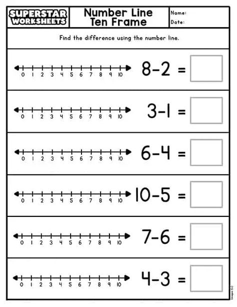 Number Line Addition and Subtraction Worksheets Free Printable Number Line, Number Line Addition, Number Line Subtraction, Number Line Activities, Printable Number Line, Math Worksheets For Kids, Math Division Worksheets, Subtraction Kindergarten, Addition And Subtraction Practice