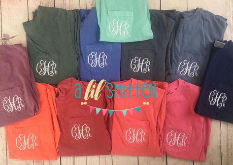 www.alilsmitten.etsy.com Monogram Pocket Tees, Monogram T Shirts, Rock Hill, Comfort Color, Tee Outfit, Tees For Women, Short Sleeve T Shirt, Pocket Tshirt, Pocket Tee