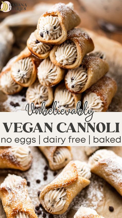 These vegan cannoli taste just like the classic Sicilian pastry! With a super flaky pastry formed into tubes and filled with a creamy dairy free 'ricotta' filling, no one will know these cannoli are entirely vegan, eggless, and dairy free! Based on my great grandpa’s recipe! Baked Cannoli Shells, Cannoli Recipe Filling, Vegan Cannoli Recipe, Dairy Free Ricotta, Vegan Cannoli, Sugar Free Vegan Desserts, Gluten Free Vegan Recipes Desserts, Vegan Dessert Bars, Vegan Gingerbread Cookies