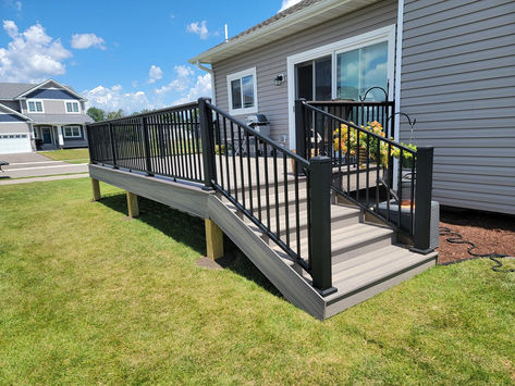 Trex Rocky Harbor Deck Low Maintenance Deck built in Dundas Minnesota. Composite Deck Steps, Trex Rocky Harbor Decks, Rocky Harbor Trex Decking, Patio With Railing, Trex Rocky Harbor, Trex Deck Ideas Color Schemes, Trex Steps, Trex Deck Ideas, Trex Porch