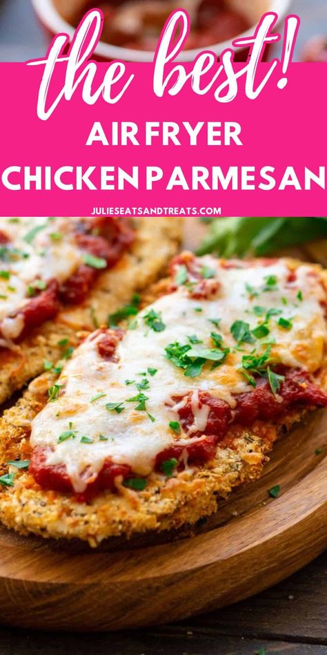 Air Fryer Chicken Parmesan is an easy 30 minute meal with all the flavor of the classic chicken parmesan but healthier! Tender, juicy chicken breasts with a delicious crispy breading. Air Fryer Chicken Parmesan Recipe, Air Fryer Chicken Parmesan, Crockpot Chicken Parmesan, Healthy Chicken Parmesan, Chicken Parmesan Recipe, Mothers Day Dinner, Savory Meals, Air Fried Chicken, Meat Dinners