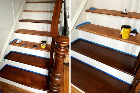 Made by Carli How to Update Stair Treads with Minwax Gel Stain Stain Stair Treads, Refinishing Stairs Wood, Gel Stain Stairs Treads, Minwax Gel Stain Colors, Gel Stain On Stair Treads, How To Stain Stair Treads, Gel Stain Stairs, Gel Stain Staircase, Gel Stain Banister Stairs