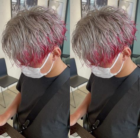 Silver And Red Hair, Silver Red Hair, Ftm Haircut, Boys Dyed Hair, Red Highlights In Brown Hair, Red Hair Tips, Silver Hair Men, Hair Types Men, Red Hair Boy