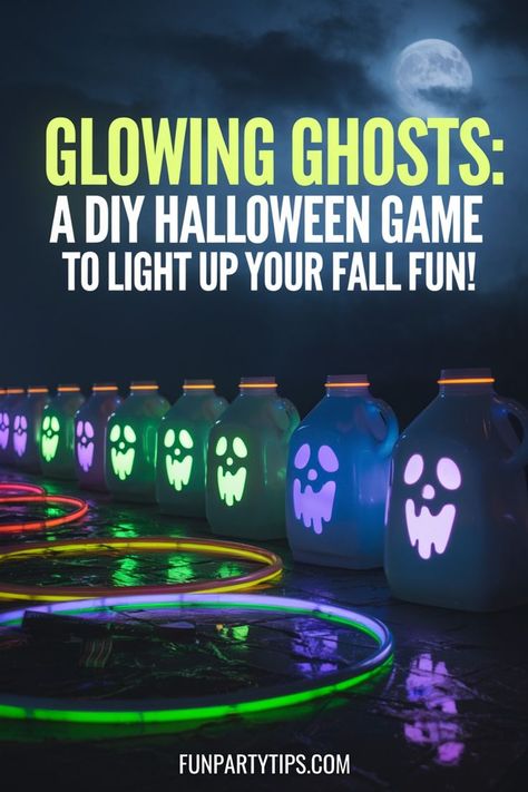 Elevate your Halloween party or fall festival with Glowing Ghosts - the DIY Halloween ring toss game that'll haunt your dreams! Transform milk jugs into glowing phantoms and watch as players of all ages try to snag them with flying rings. Easy setup, big payoff - just add glow sticks and watch the magic happen. Perfect for big groups, this game keeps the fun going all night long. Games For Big Groups, Glow Games, Diy Halloween Games, Ghost Party, Ghost Games, Ghost Diy, Halloween Ring, Ring Toss Game, Big Group