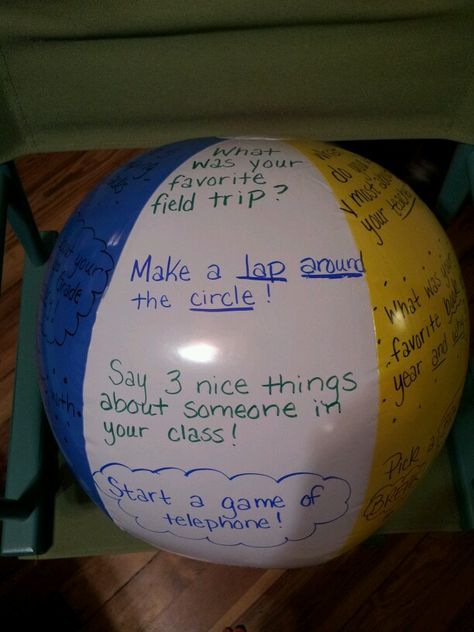 Last day of school activity! Have your kids sit in a large circle and pass the beach ball around. Whichever question/activity their thumb lands on is the one they do! Beach Ball Games Classroom, Beach Ball Get To Know You Questions, Beach Ball Question Game, Beach Day In Classroom, Beach Themed Classroom Activities, Beach Ball Ice Breaker Questions, Beach Classroom Activities, Beach Day School Activities, Beach Day In The Classroom