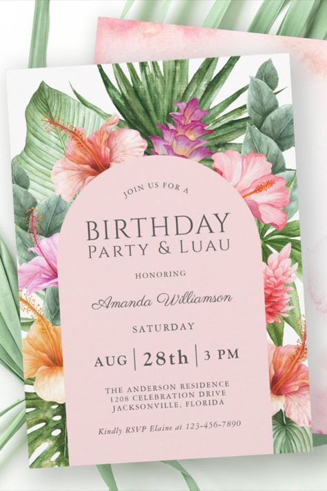 Lush Tropical Floral Birthday Party and Luau Invitation! #birthday #happybirthday #birthdaycards #birthdayparty #floral #tropical Hawaii Birthday Party, Tropical Birthday Invitations, Luau Invitations, Tropical Birthday Party, Tropical Invitations, Floral Birthday Party, Hawaii Party, Tropical Birthday, Luau Birthday