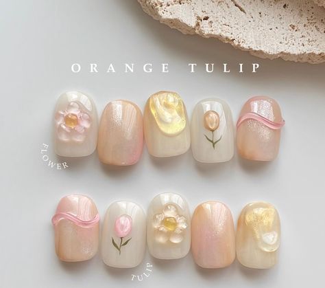 Korean Nail Art Flower, Tulips Nails Design, Nail Art Korean Style Cute, Nails Inspiration Korean, Nail Art Korean Style, Nail Tulip, Korean Gel Nail Designs, Nail Korean Style, Tulip Nail Art