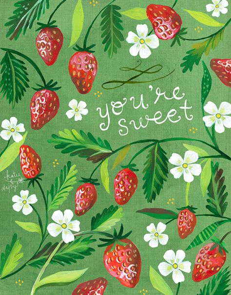 You're Sweet Strawberries print | Watercolor and Acrylic Painting | Kitchen Wall Art | Katie Daisy | 8x10 | 11x14 Katie Daisy, Daisy Art, Strawberry Patch, Acrylic Artwork, Strawberry Print, Cool Stuff, 귀여운 동물, Art Paint, The Words