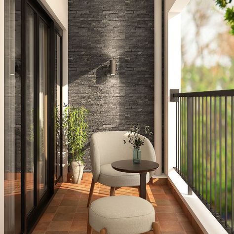 Balcony Design With Stone Cladding Wall Wooden Tiles Flooring Balcony, Balcony Walls Ideas, Balcony Floor Tiles Design, Balcony Wall Tiles Ideas, Small Balcony Tiles Floors, Tiles For Balcony Walls, Wall Tiles For Balcony, Balcony Partition Ideas, Balcony Tiles Wall