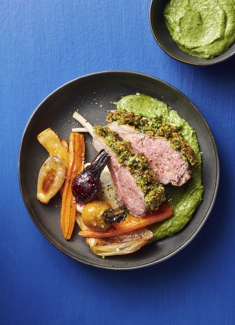 Lamb With Mint Jelly, Meat And Three, Dish Magazine, Veg Dinner Recipes, Lamb Rack, Crusted Rack Of Lamb, Leg Of Lamb, Lamb Dishes, Roasted Vegetable Recipes