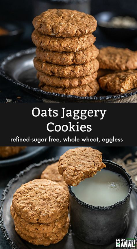 Oats Jaggery Cookies flavored with cardamom, cinnamon, nuts and free of refined sugar. These crispy cookies are eggless and make a nice treat with coffee of chai! #cookies #eggless Jaggery Recipes, Chai Cookies, Whole Wheat Cookies, Cookies Eggless, Oat Cookie Recipe, Eggless Cookie Recipes, Biscuits Diététiques, Cinnamon Nuts, Eggless Recipes