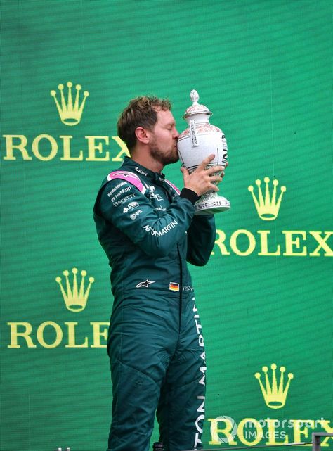 Sebastian Vettel, Aston Martin, 2nd position, kisses his trophy Sebastian Vettel Wallpaper, Vettel Wallpaper, Sebastian Vettel Aston Martin, Seb Vettel, Formula Racing, Just Pray, Sebastian Vettel, Motor Racing, Kissing Him