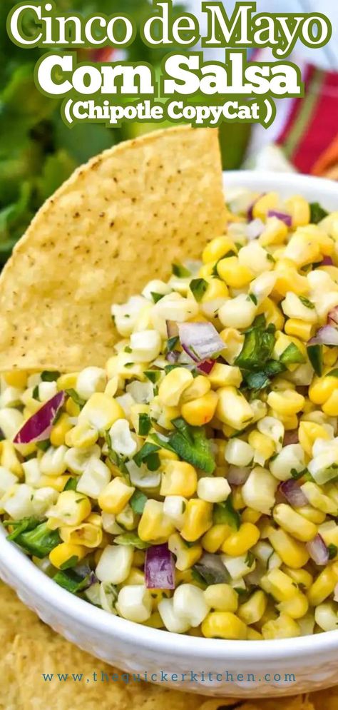 This corn salsa recipe tastes just like Chipolte’s! This copycat recipe is full of sweet corn, fresh cilantro, tart citrus, and a bit of zip from jalapenos. Delicious as a dip for chips or on tacos or burritos. View this super easy recipe at thequickerkitchen.com. Chick Fil A Jalapeno Salsa Recipe, Chevys Salsa Recipe Copycat, Mexican Corn Salsa, Chipotle Corn Salsa Recipe, Chipotle Corn Salsa, Sweet Corn Salsa, Dip For Chips, Chipotle Copycat, Cookout Sides