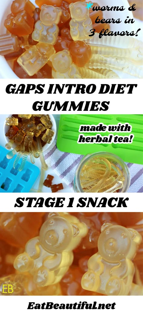 This super fun and yummy gummy snack is perfect for all kids and adults on the GAPS diet, stage 1 and beyond. | Eat Beautiful Recipes | gaps diet | gaps diet recipes stage 1 | gaps recipes | gaps desserts | gaps diet snacks | gummy recipes | snacks | gummies || #gummies #gapsdiet #introduction #diet #stage1 #snacks #recipes #desserts Gaps Diet Sweets, Gaps Crockpot Recipes, Gaps Casserole Recipes, Full Gaps Recipes, Gaps Diet For Kids, Gastroperisis Diet Recipes, Gaps Diet Recipes Stage 1, Gaps Stage 1, Tea Gummies